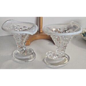 Vintage Fenton Hobnail Glass Cornucopia Opalescent Clear Toothpick Holders (2)